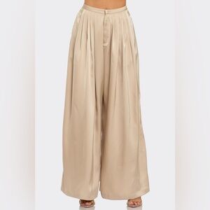 841. Satin Pleated Wide Trousers in Champagne